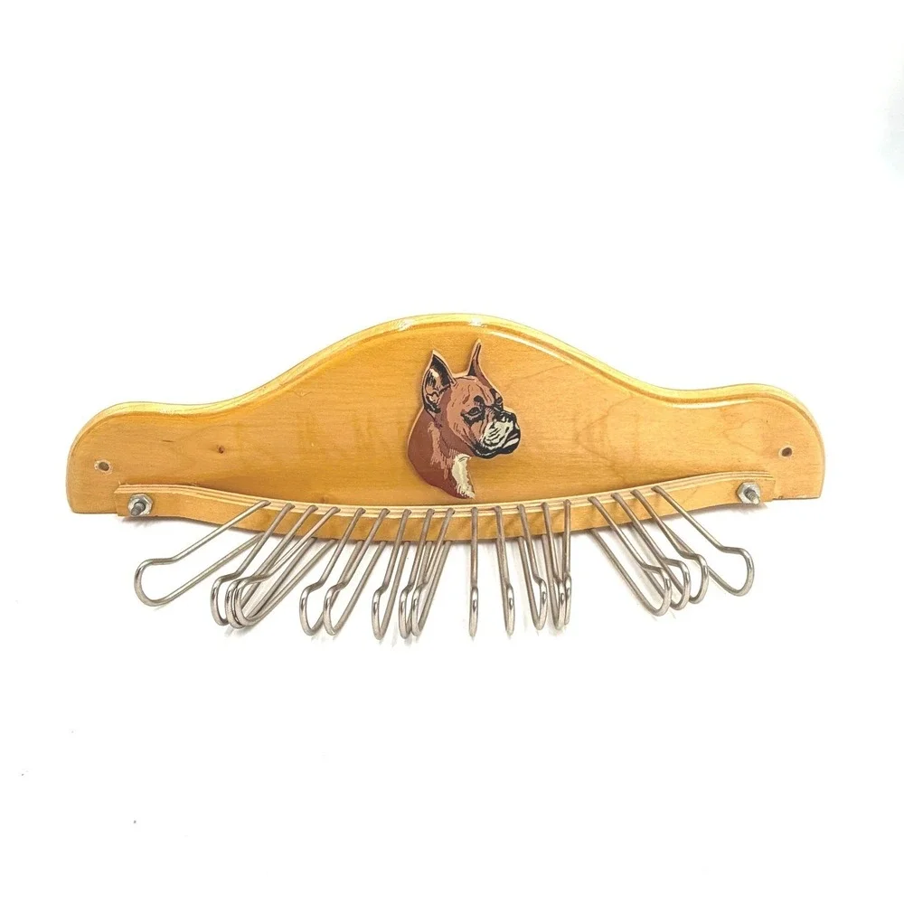 Vintage Wooden Wall Mount Tie Belt Rack Organizer Boxer Dog Breed 14 Metal Hooks